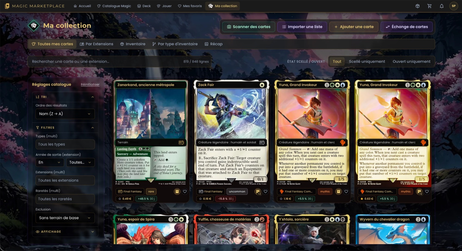 Écran Ma collection de CardHeaven : cartes possédées avec quantités, prix et évolution, onglets Inventaire et Récap