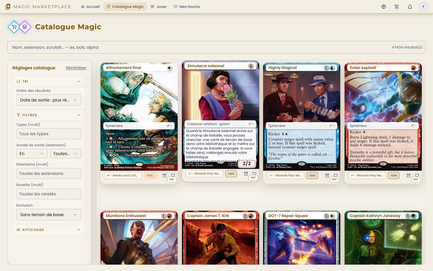 Catalogue Magic de CardHeaven en thème clair
