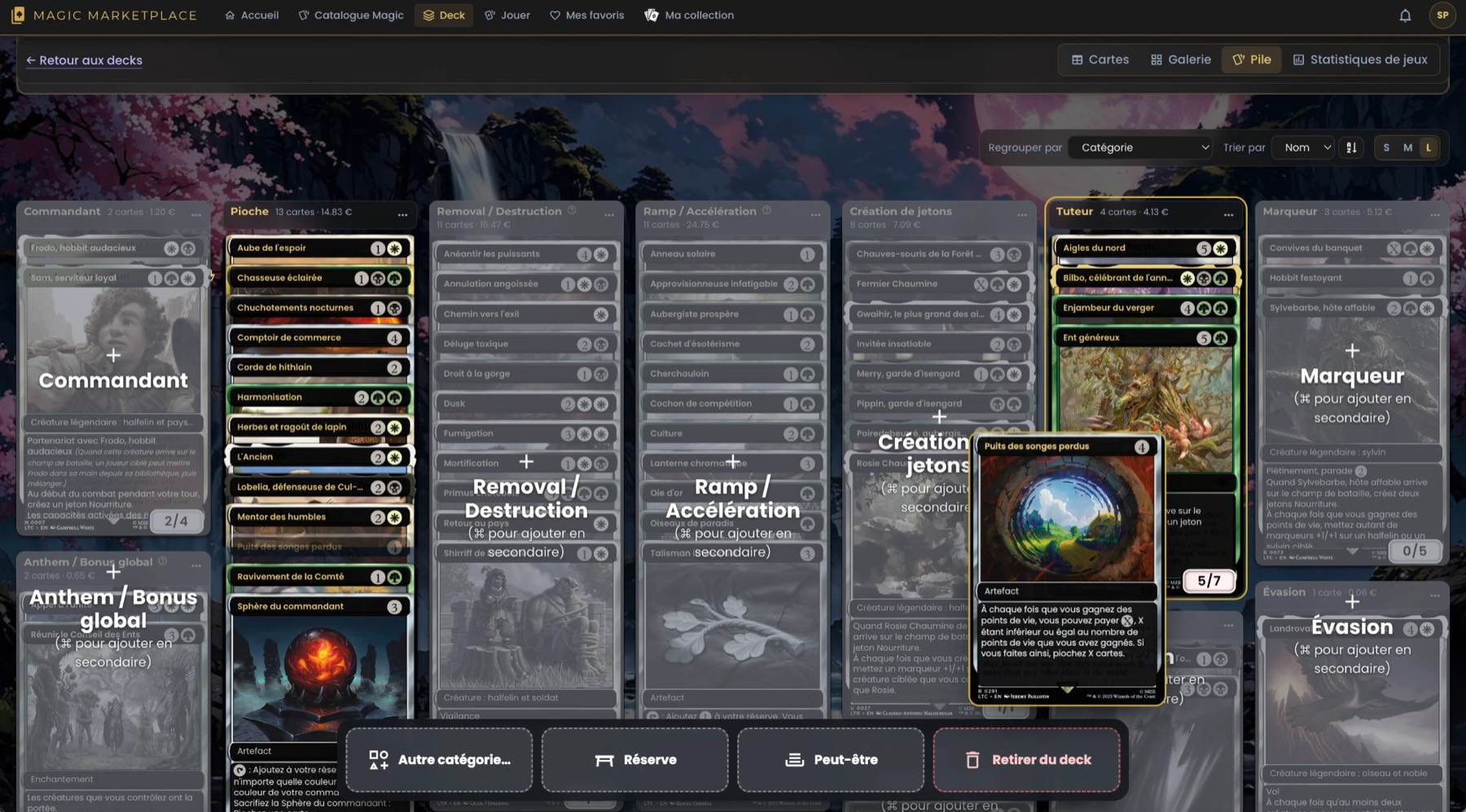 Glisser-déposer dans le mode Pile de CardHeaven : pendant le déplacement d'une carte, chaque pile propose « + Catégorie » (⌘ pour l'ajouter en secondaire), avec Réserve, Peut-être et Retirer du deck en bas