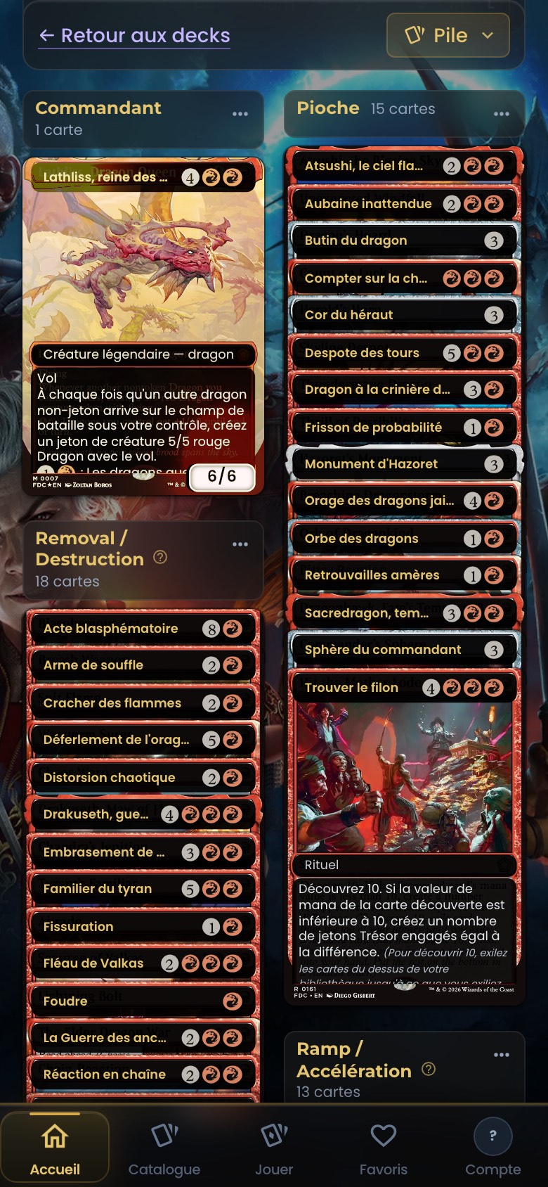 Mode Pile de CardHeaven sur mobile : piles Commandant, Pioche et Destruction côte à côte