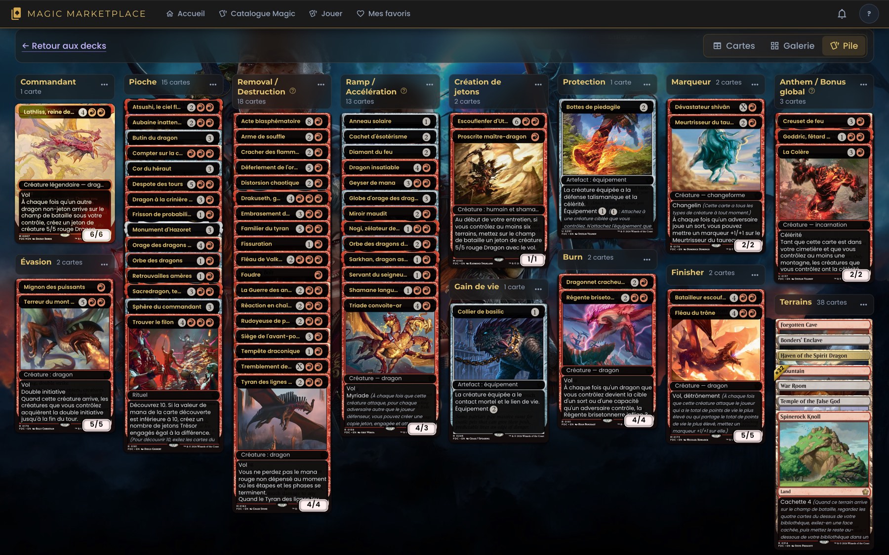 Mode Pile de CardHeaven : les cartes d'un deck Commander rangées en piles par rôle (Commandant, Pioche, Destruction, Accélération, Protection, Terrains…)