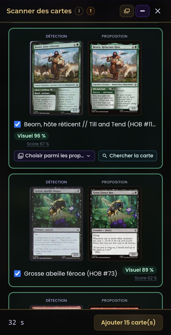Reconnaissance des cartes scannées : carte détectée comparée à la proposition avec un score visuel ; en cas d'erreur, on choisit la bonne parmi les cartes les plus probables