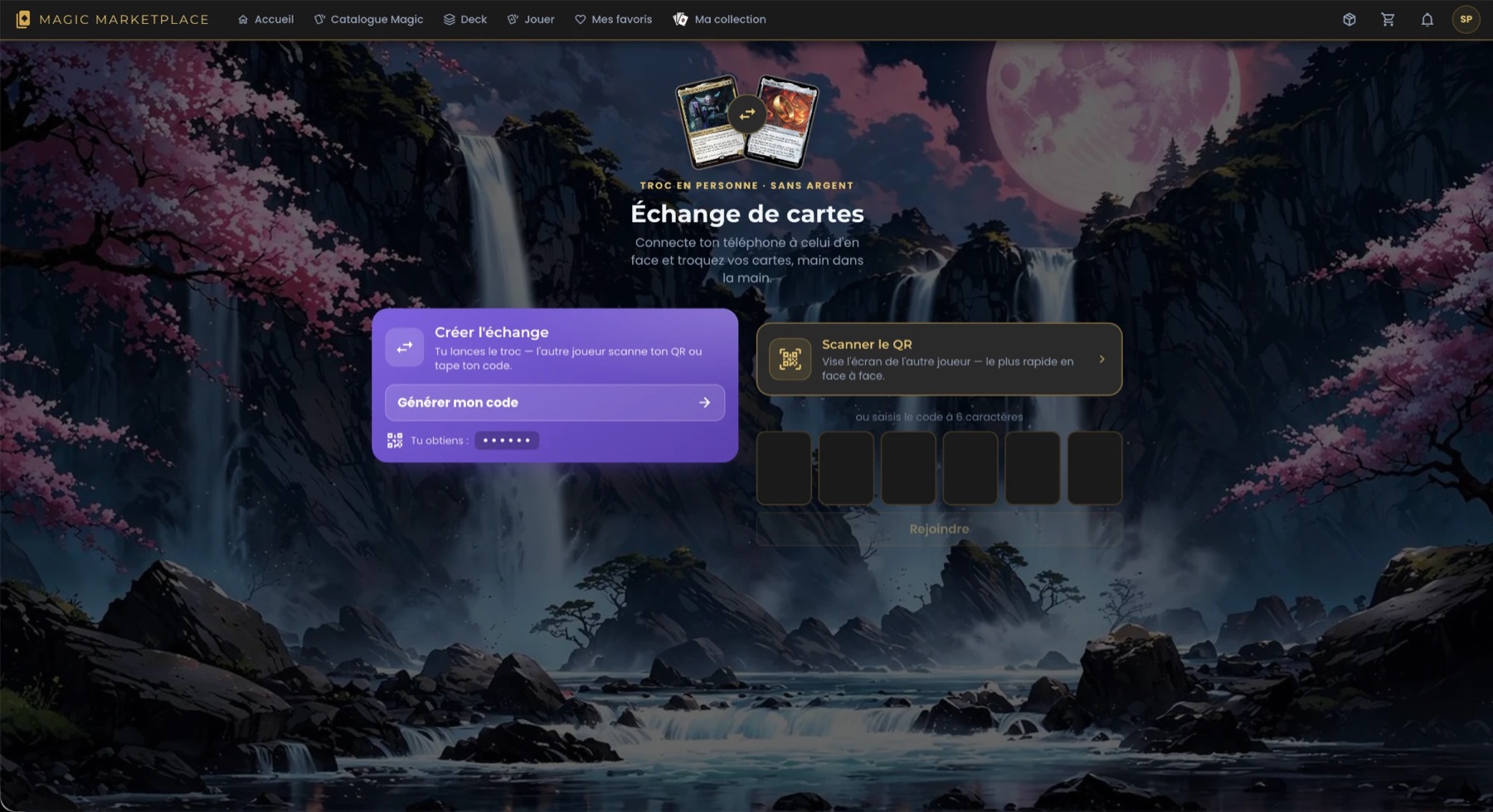 Écran Échange de cartes de CardHeaven : troc en personne via code ou QR, sans argent