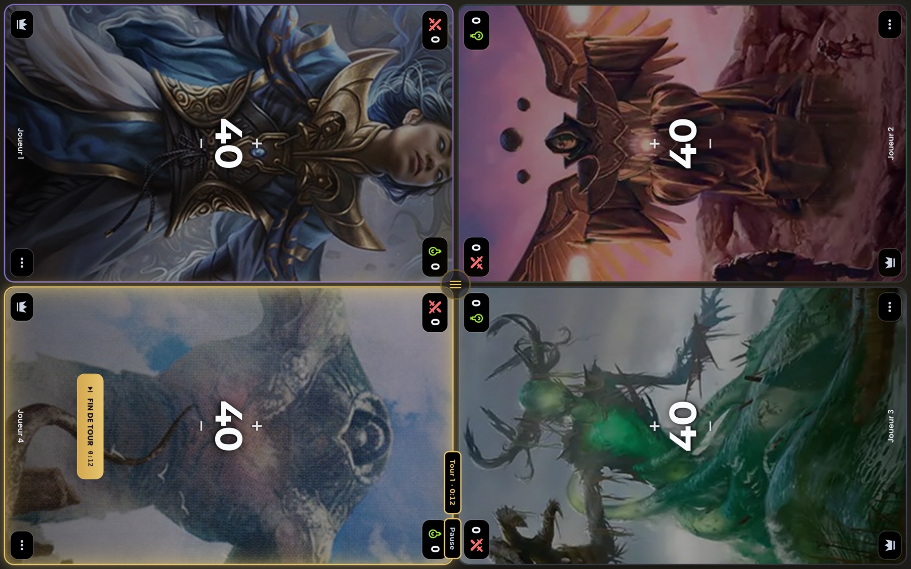 Plateau du compteur de vie Magic diffusé sur tablette ou TV : 4 joueurs Commander à 40 points de vie, minuteur de tour