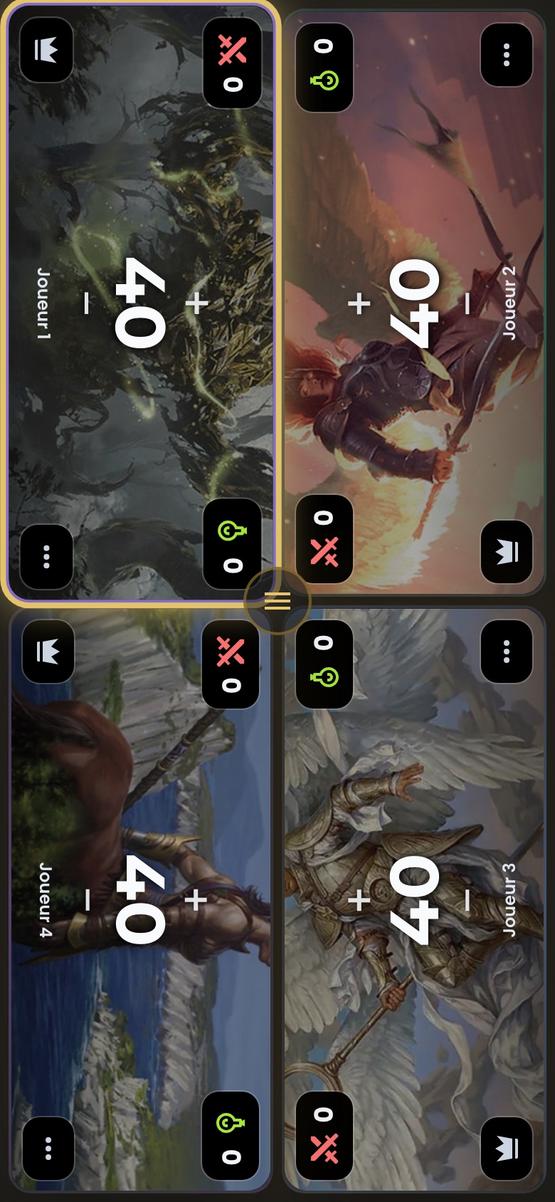 Plateau complet du compteur de vie Magic sur téléphone : quatre sièges avec points de vie