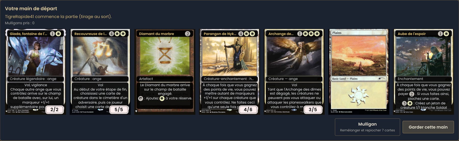 Main de départ de 7 cartes en français, avec le choix Mulligan ou Garder cette main