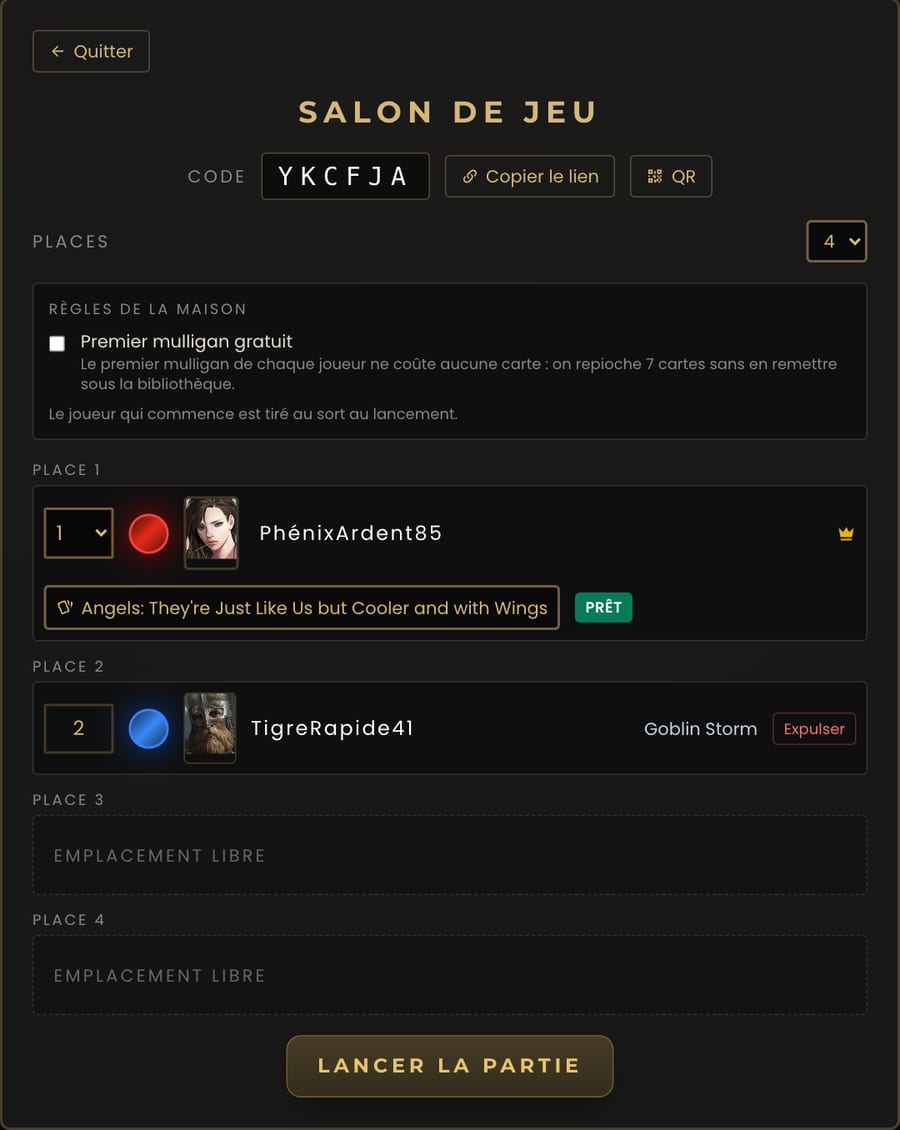 Salon de jeu de la table virtuelle : code à partager, places, règles de la maison et deck de chaque joueur