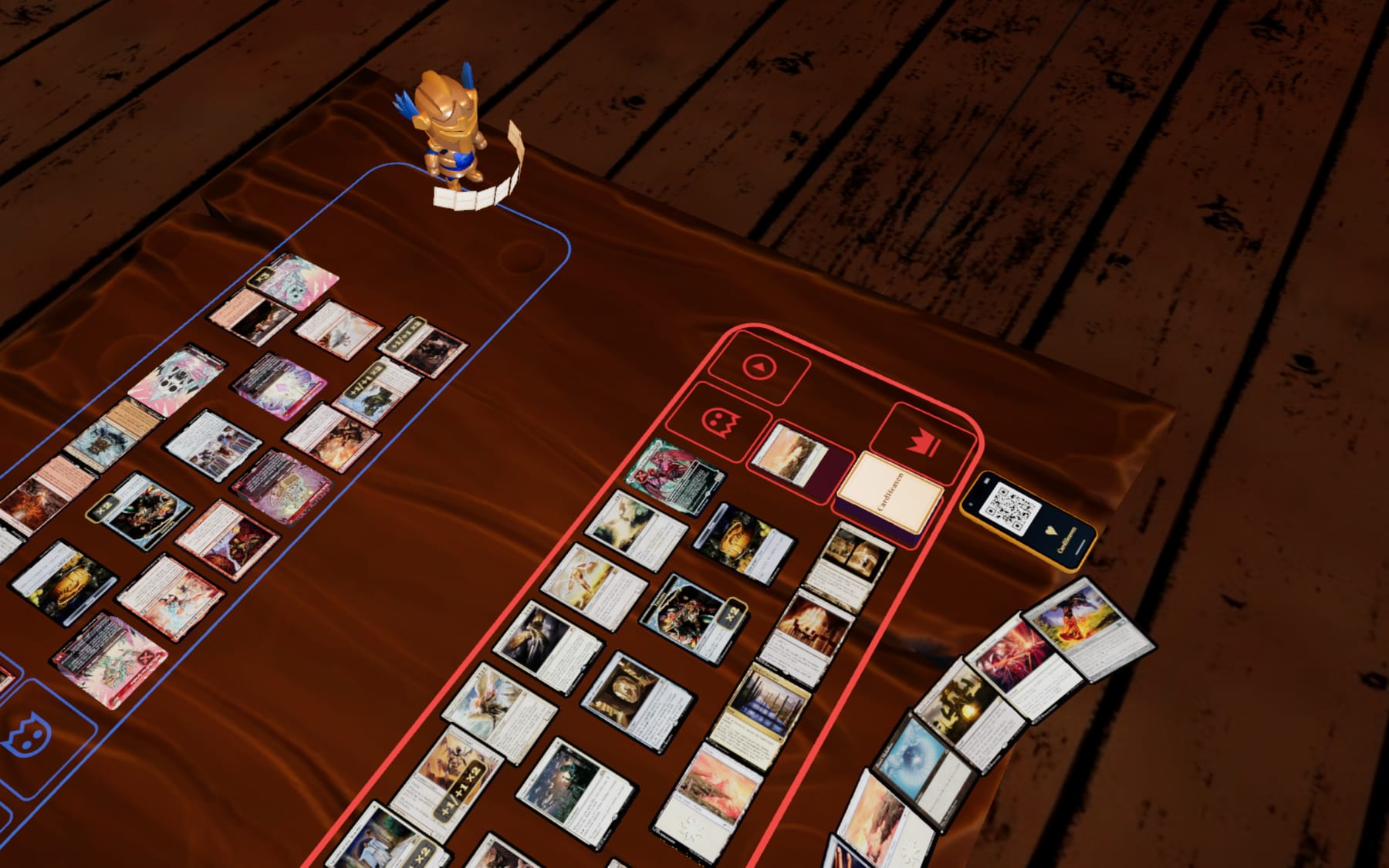 Table virtuelle Magic en 3D : deux joueurs Commander, leurs champs de bataille, la main et la manette de points de vie